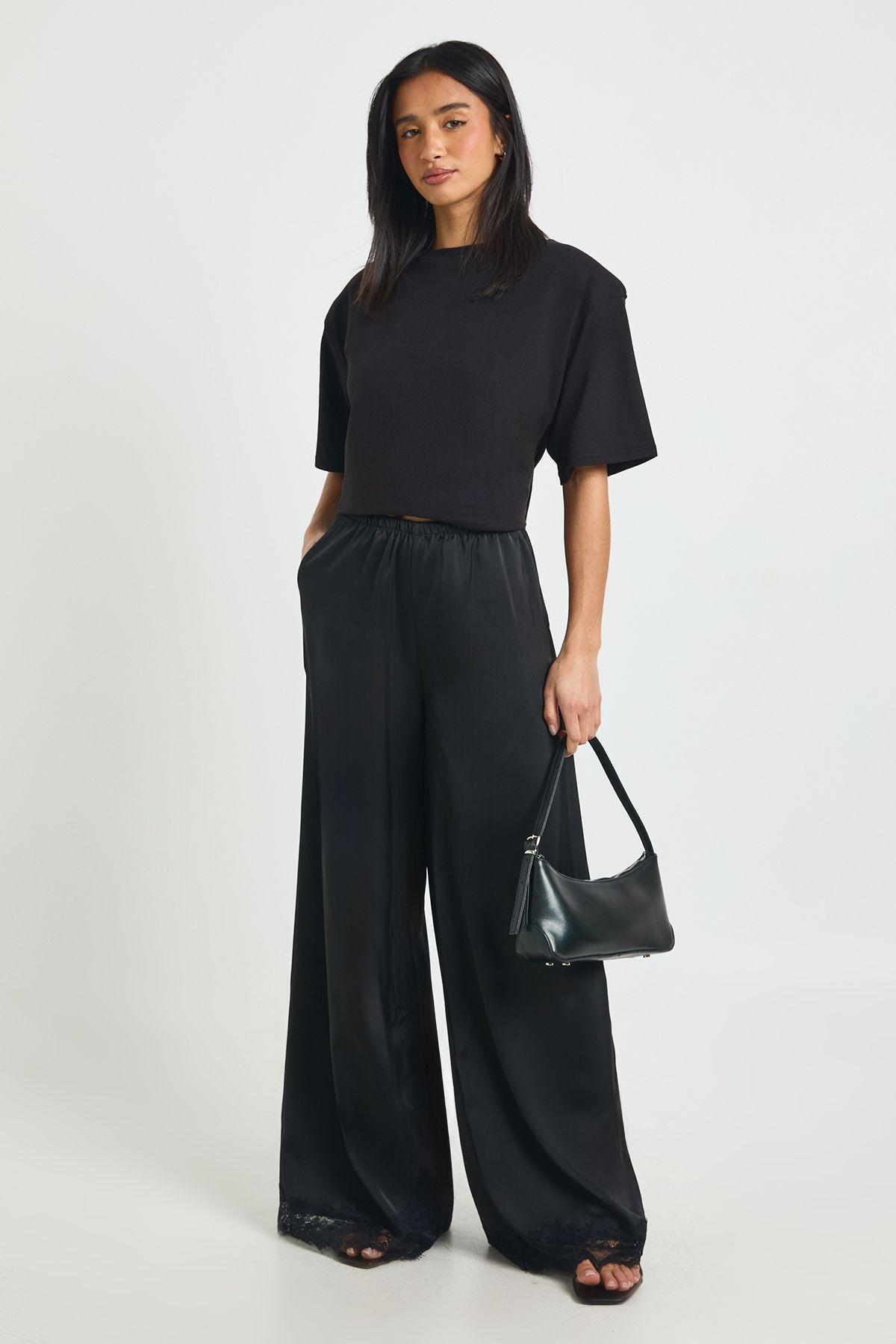 Petite Satin Lace Trim Wide Leg Trousers by BOOHOO