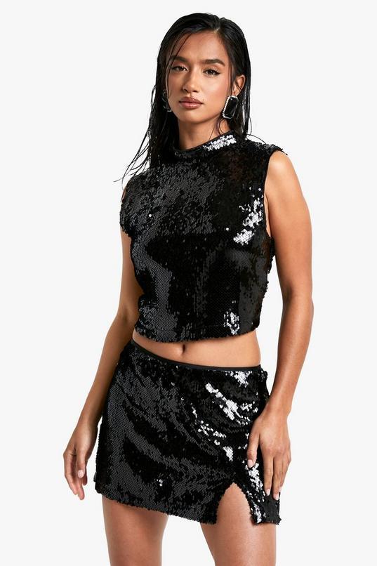 Petite Sequin High Neck Top by BOOHOO Petite Sequin High Neck Top by BOOHOO