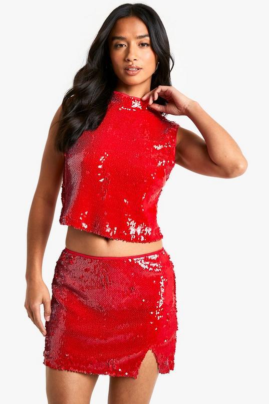 Petite Sequin High Neck Top by BOOHOO