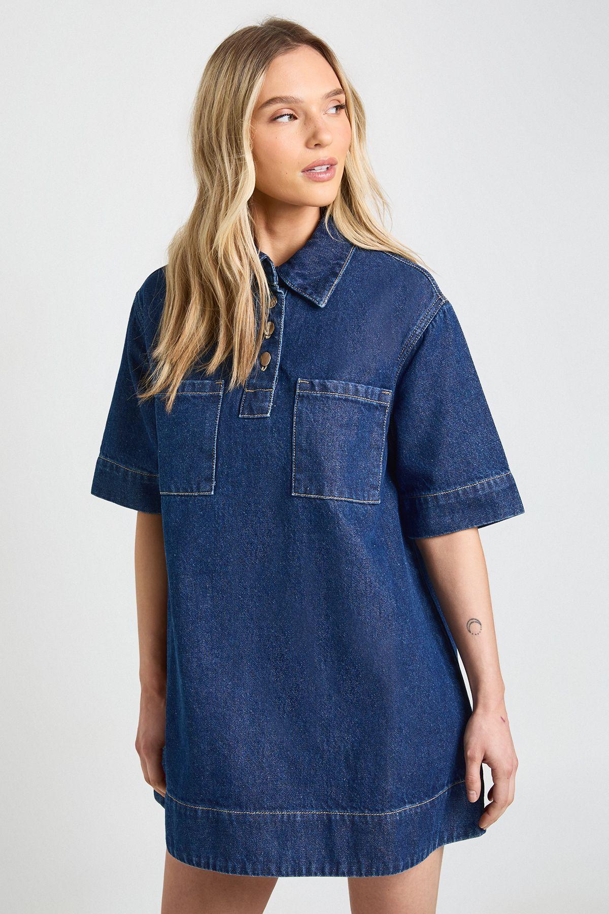 Petite Short Sleeve Denim Dress by BOOHOO