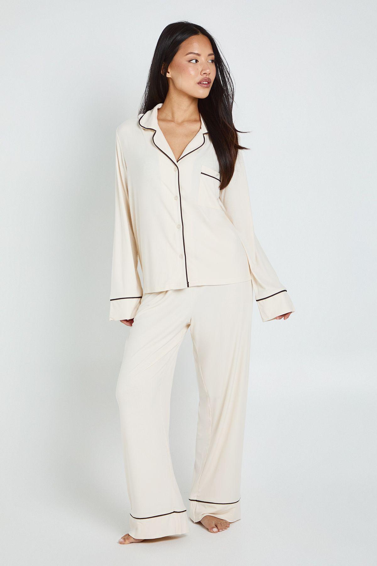 Petite Soft Rib Long Sleeve Shirt & Trouser PJ Set by BOOHOO