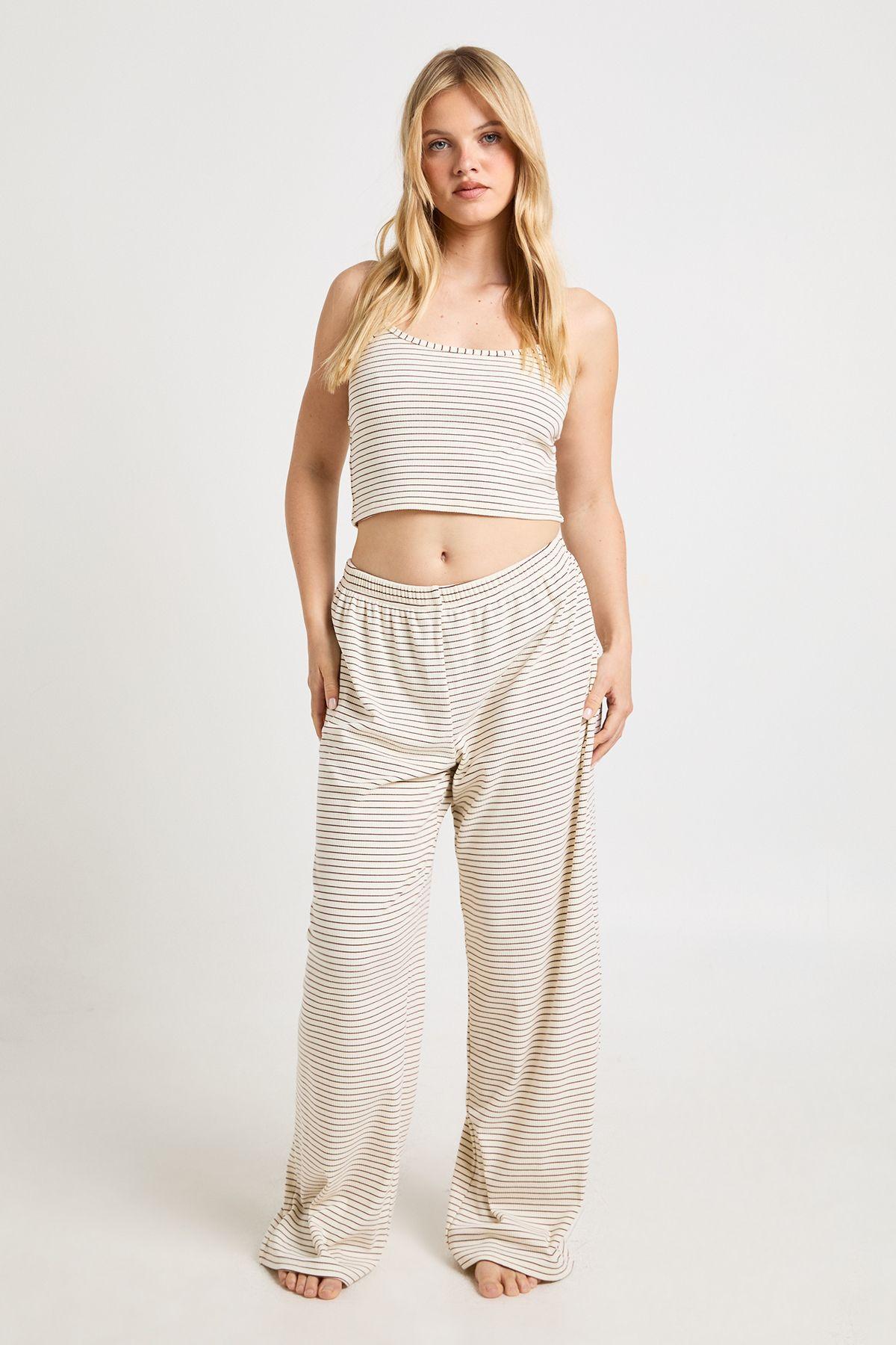 Petite Soft Rib Stripe Cami & Trouser Pyjama Set by BOOHOO