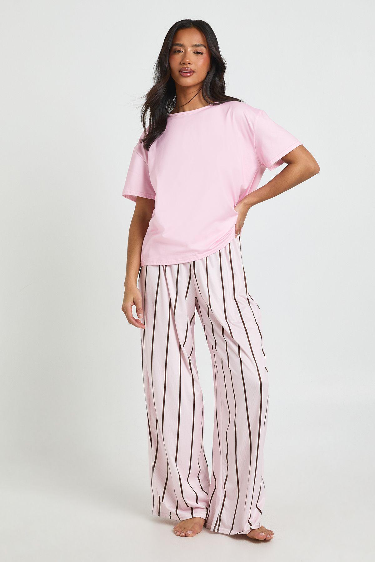 Petite Stripe Oversized T-Shirt & Trousers Pyjama Set by BOOHOO