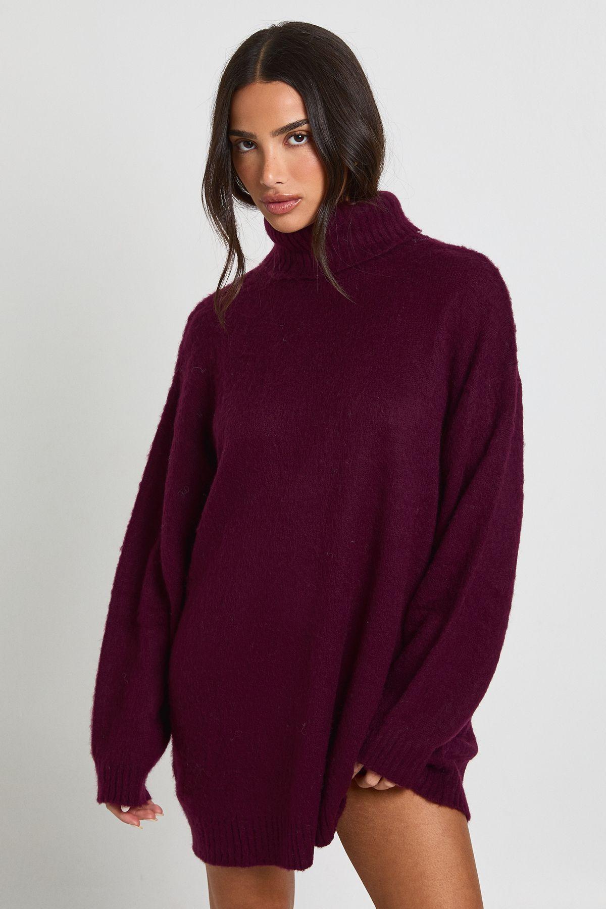Petite Super Soft Brushed Knit Roll Neck Mini Dress by BOOHOO