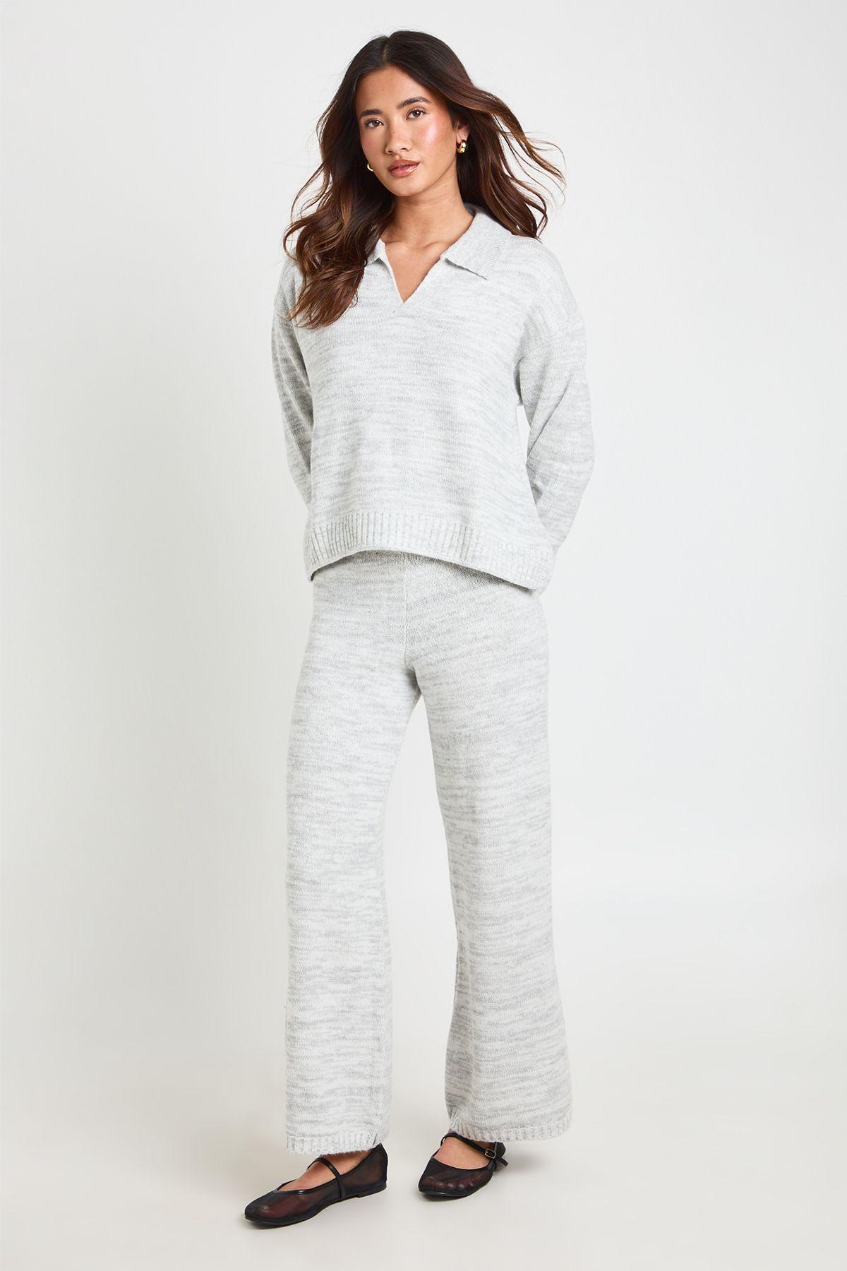 Petite Super Soft V Neck Collared Knitted Jumper and Straight Leg Trouser Co-Ord by BOOHOO