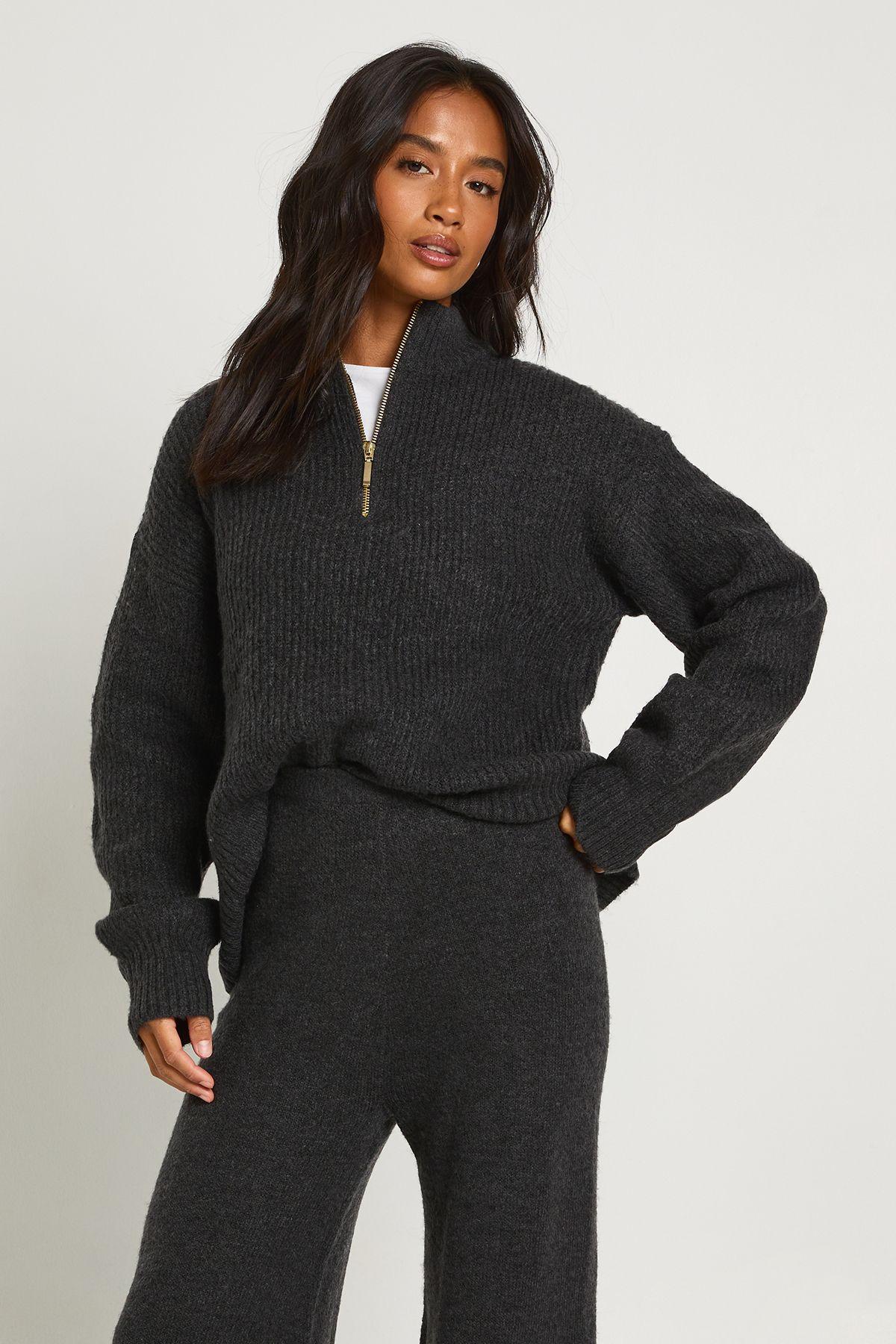 Petite Super Soft Zip Neck Oversized Jumper and Wide Leg Trouser Co-Ord by BOOHOO