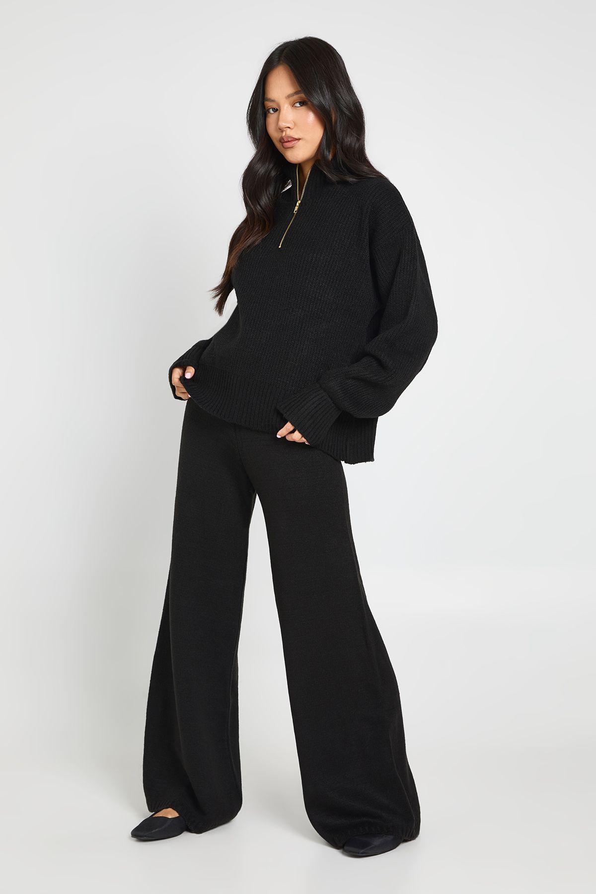 Petite Super Soft Zip Neck Oversized Jumper and Wide Leg Trouser Co-Ord by BOOHOO