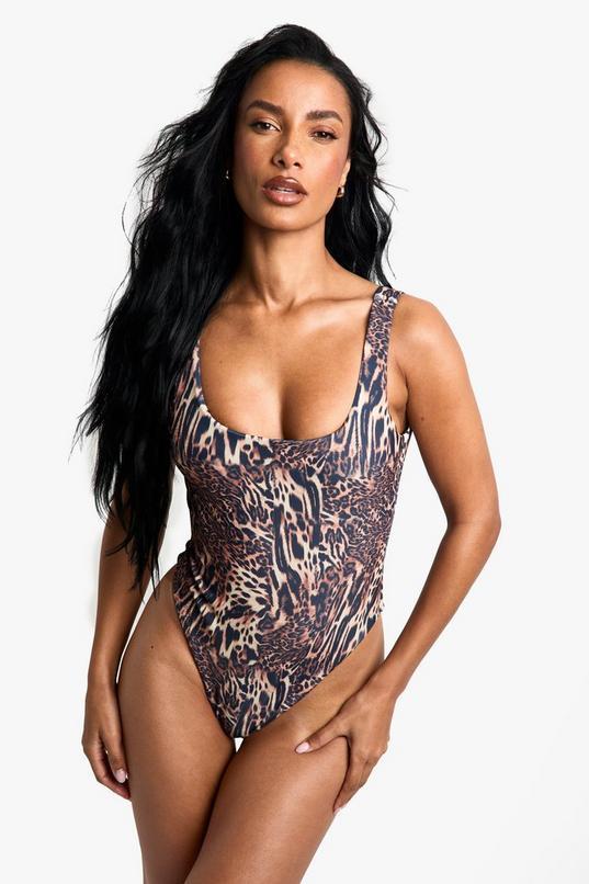 Petite Swimwear Essentials Leopard Square Neck Swimsuit by BOOHOO