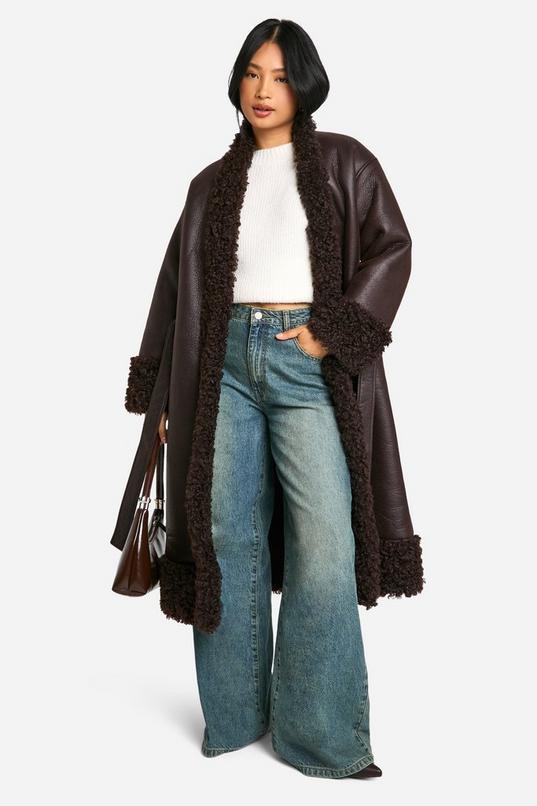 Petite Teddy Trim Belted Faux Leather Coat by BOOHOO