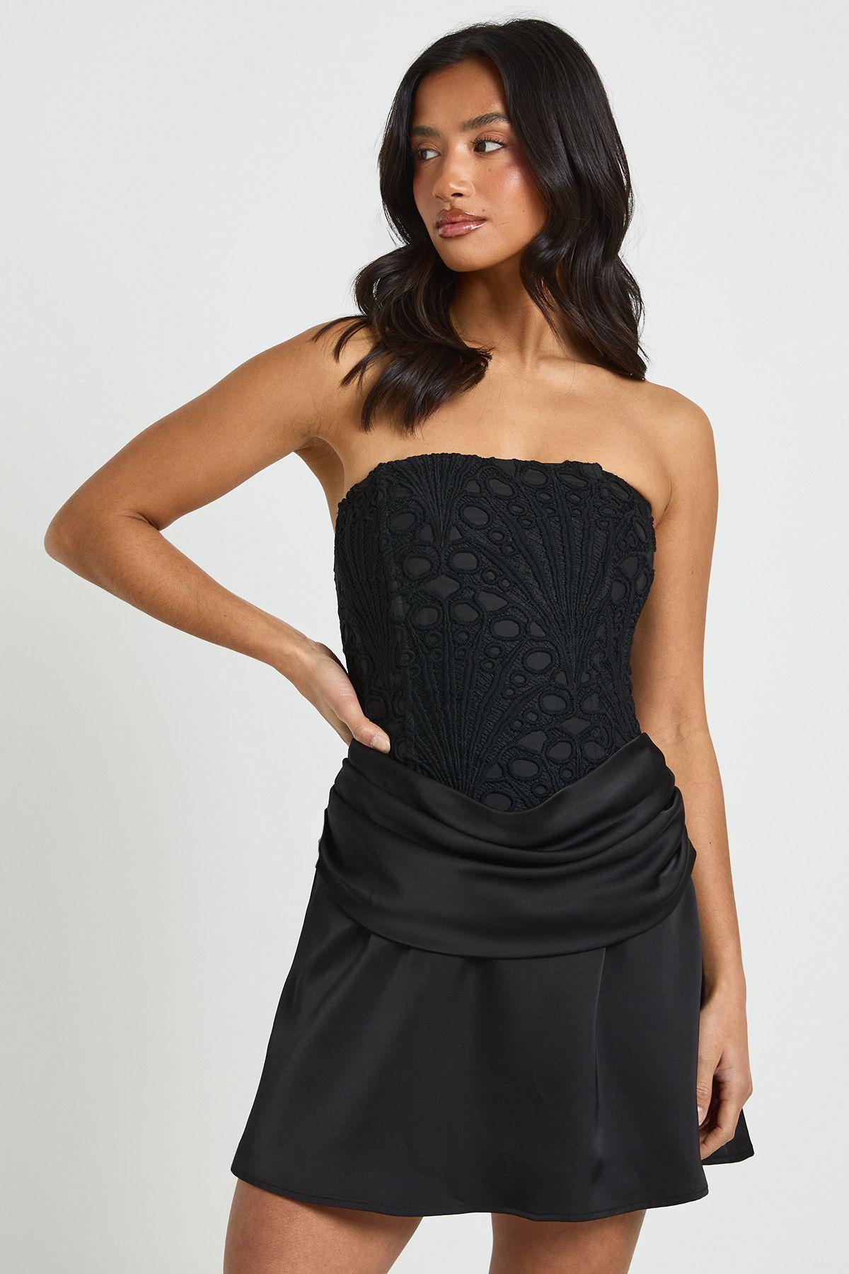 Petite Textured Sheer Floral Lace Corset Drape Mini Dress by BOOHOO