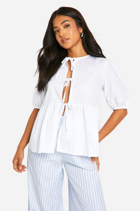 Petite Tie Front Volume Sleeve Cotton Top by BOOHOO