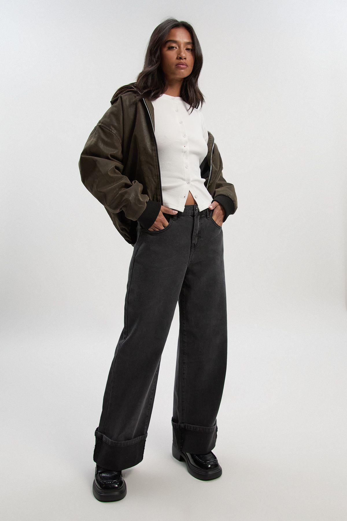 Petite Turn Up High Waist Straight Leg Jean by BOOHOO