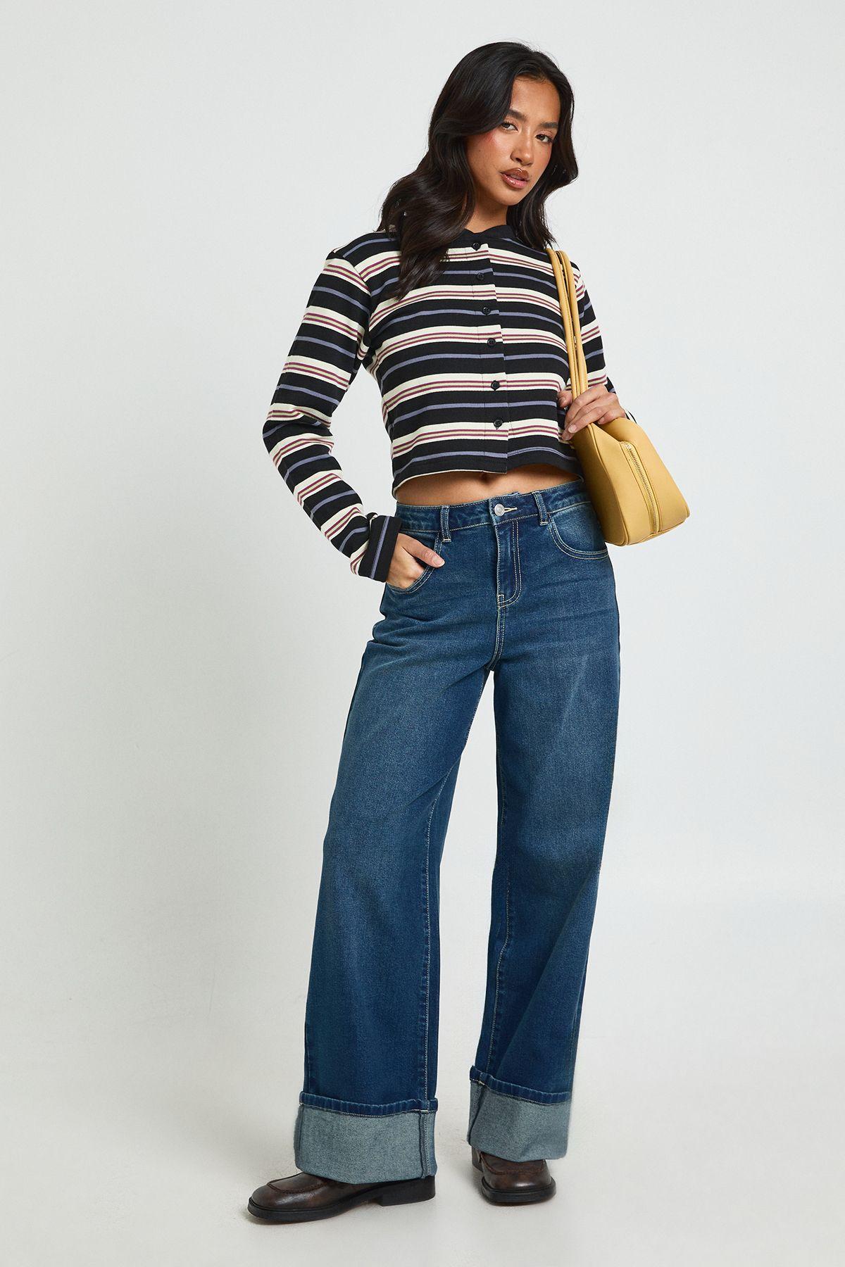 Petite Turn Up High Waist Wide Leg Jean by BOOHOO