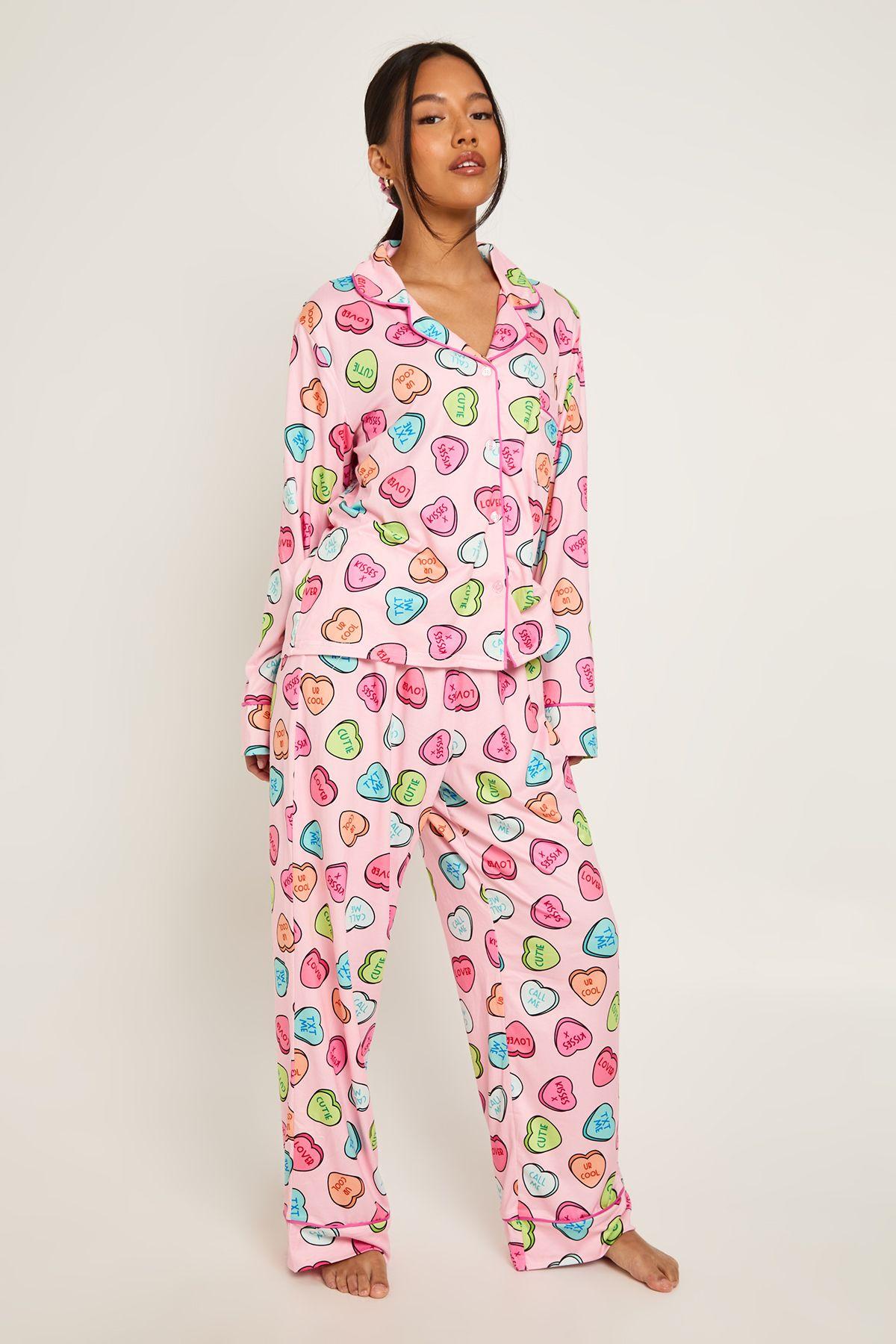 Petite Valentines Love Heart Print Long Sleeve Shirt & Trouser 3 Piece Set by BOOHOO