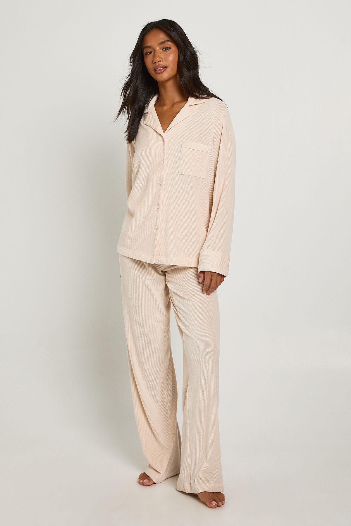 Petite Velour Fleece Ribbed Long Sleeve Shirt & Trousers Lounge Set by BOOHOO