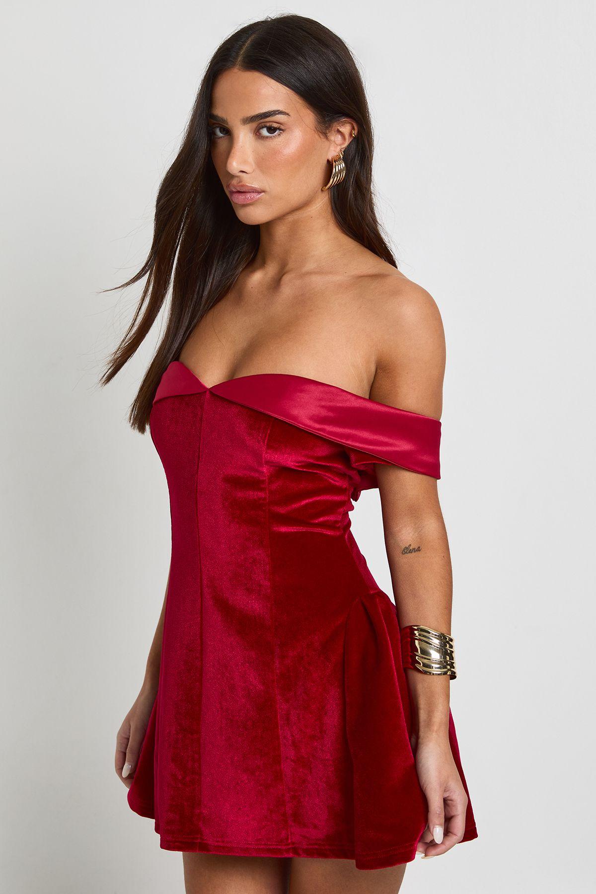 Petite Velvet Bardot Mini Dress by BOOHOO Petite Velvet Bardot Mini Dress by BOOHOO