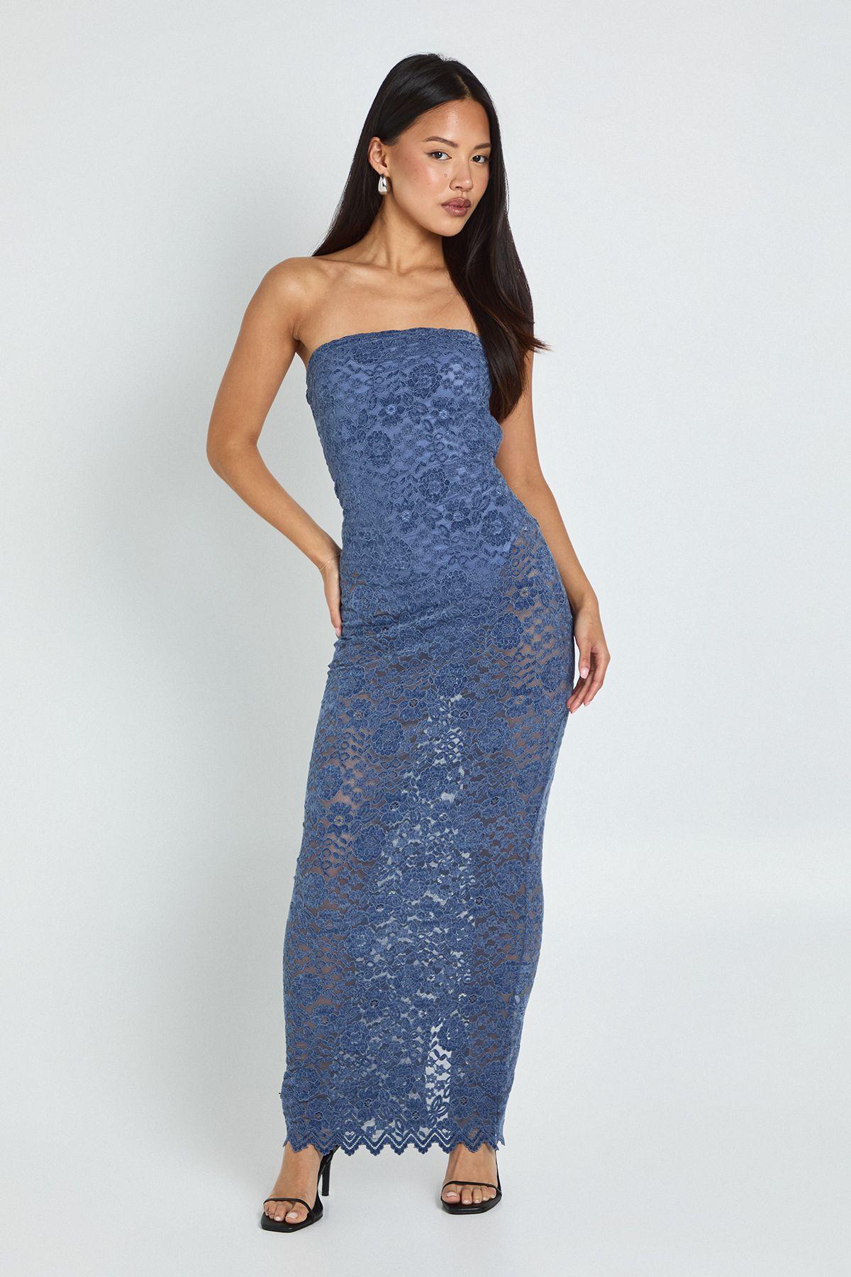 Petite Velvet Lace Bandeau Maxi Dress by BOOHOO