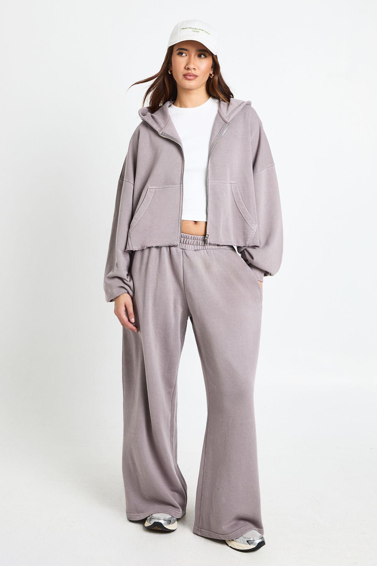 Petite Washed Distressed Hem Straight Leg Tracksuit by BOOHOO