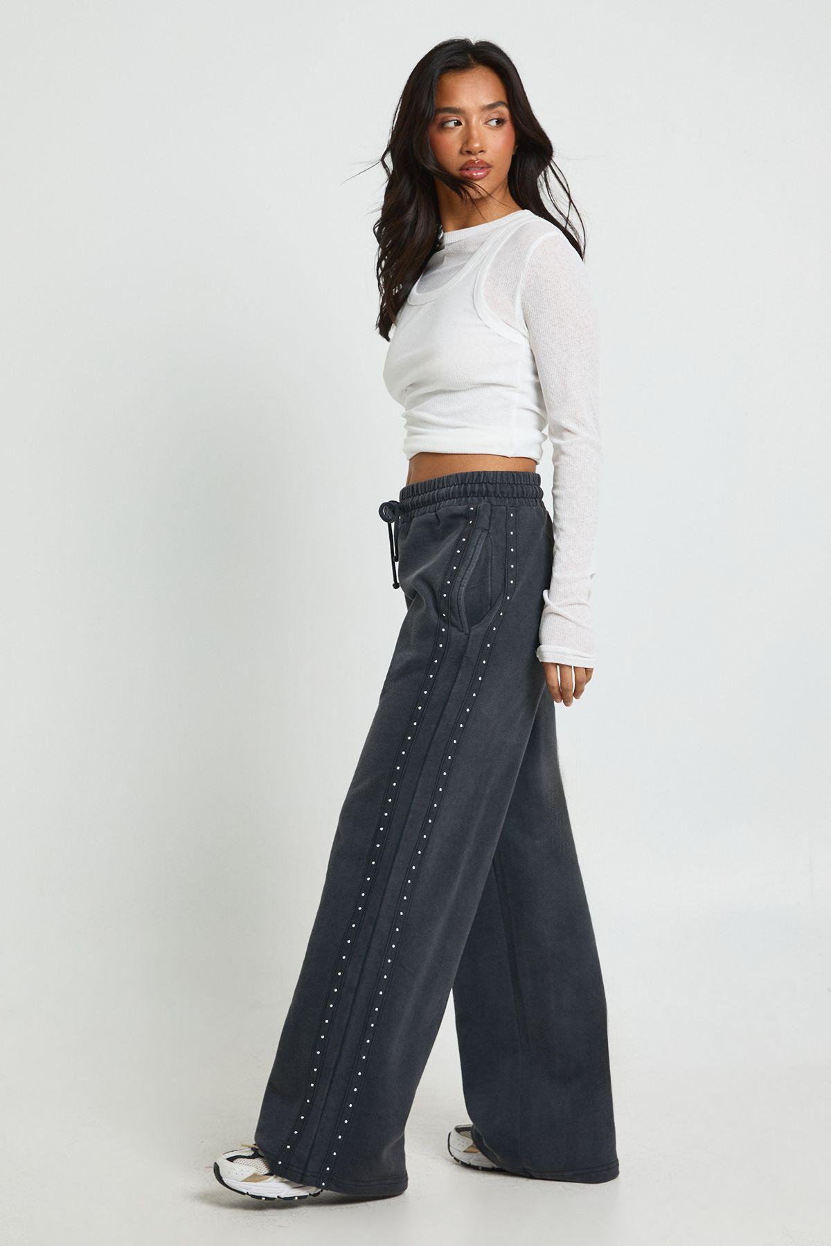 Petite Washed Studded Double Track Straight Leg Joggers by BOOHOO