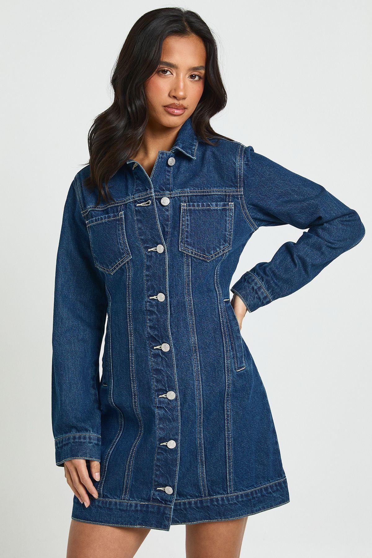 Petite Western Denim Mini Dress by BOOHOO