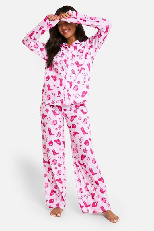 Petite Western Print Long Sleeve Shirt & Trousers Pyjama Set by BOOHOO