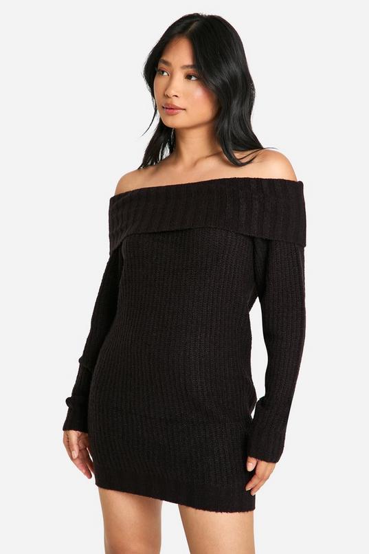 Petite Wide Rib Bardot  Neckline Mini Jumper Dress by BOOHOO