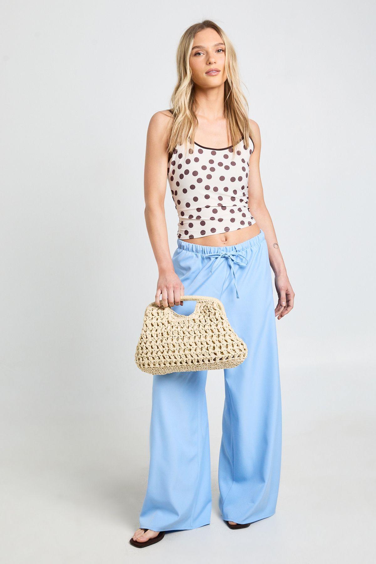 Petite Woven Elasticated Waist Drawstring Wide Leg Trouser by BOOHOO