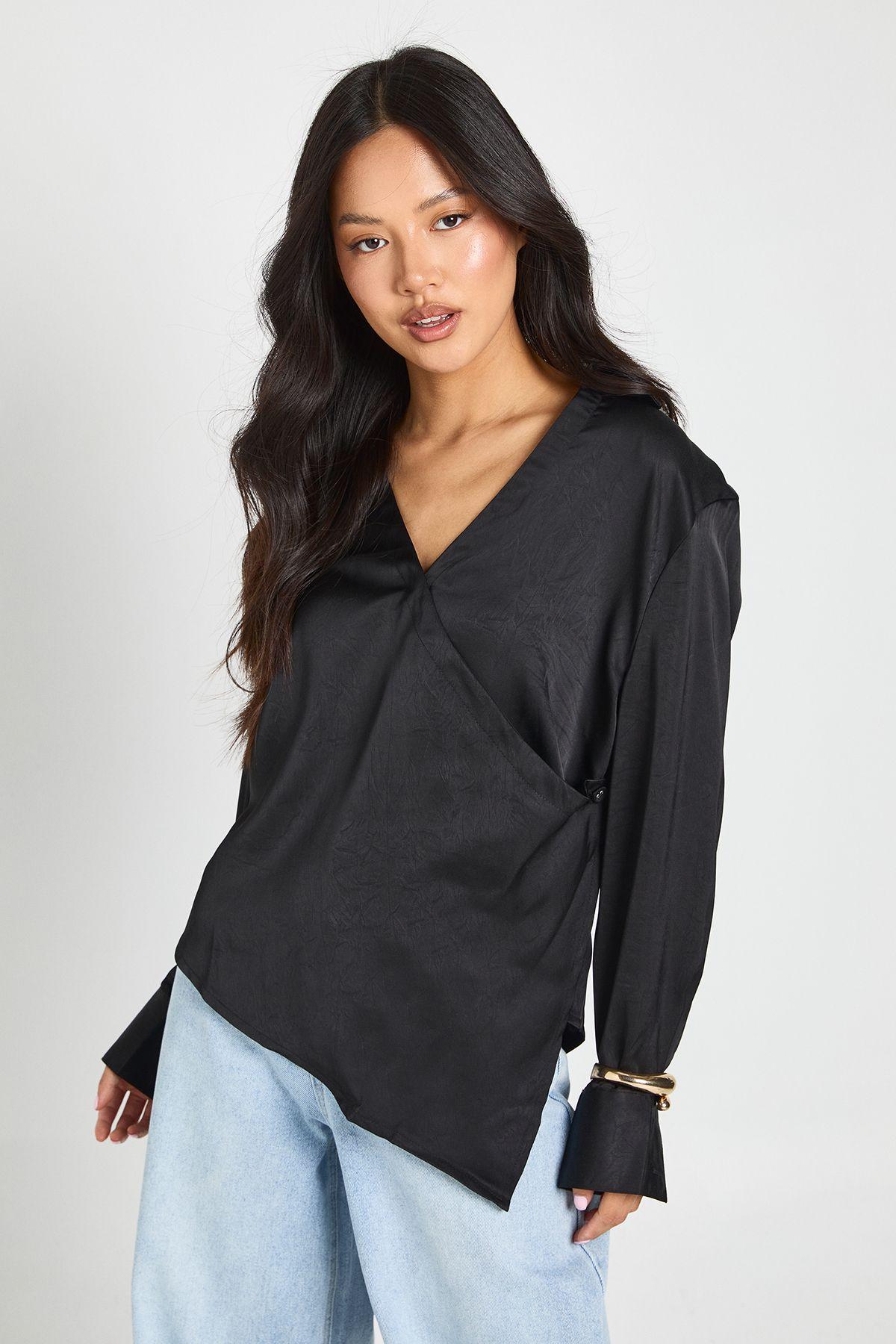 Petite Wrap Front Long Sleeve Top by BOOHOO