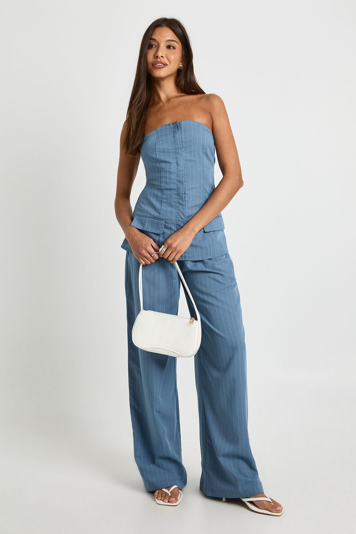 Pinstripe Bandeau & Wide Leg Trouser Co-Ord by BOOHOO
