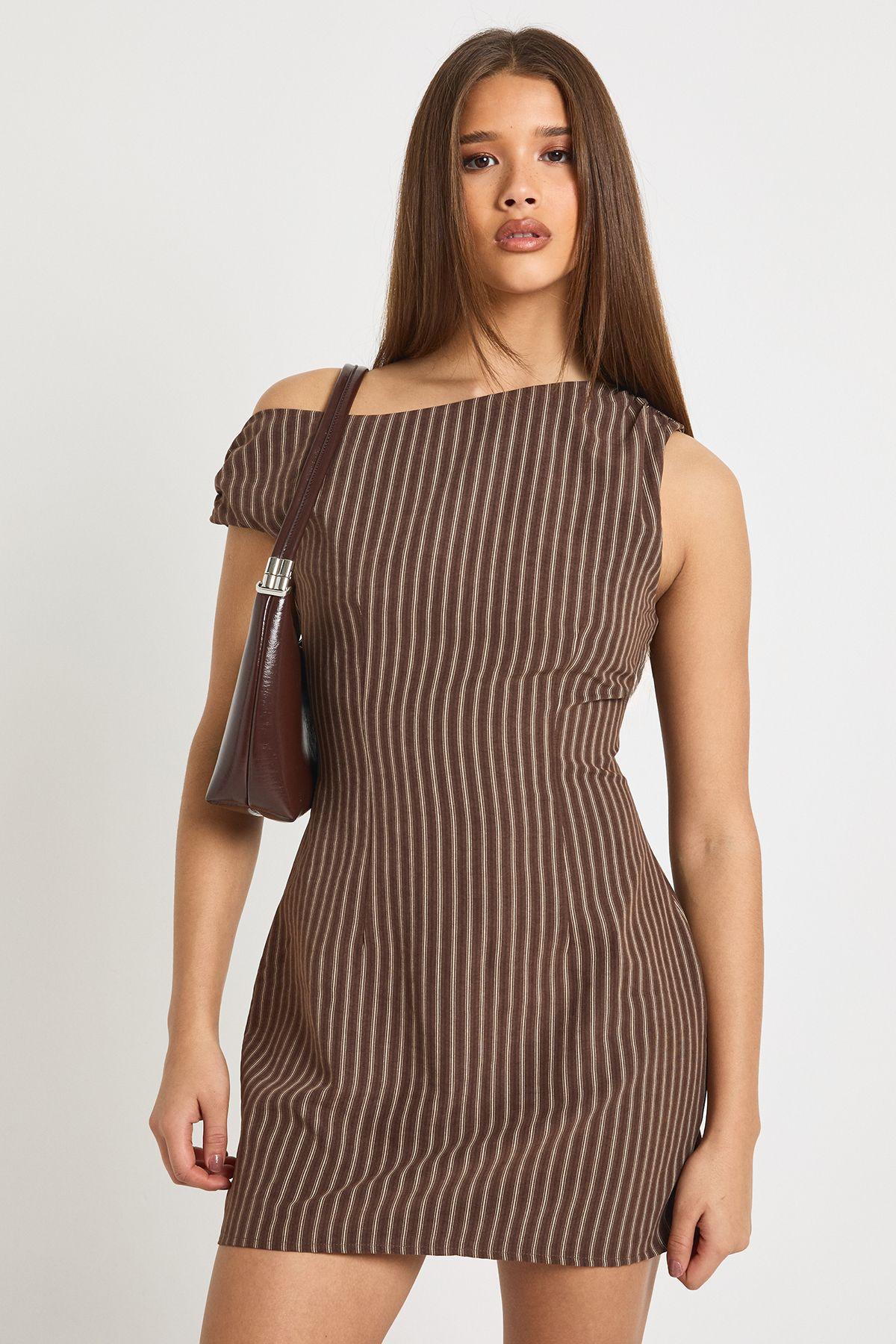 Pinstripe Off Shoulder Tailored Mini Dress by BOOHOO