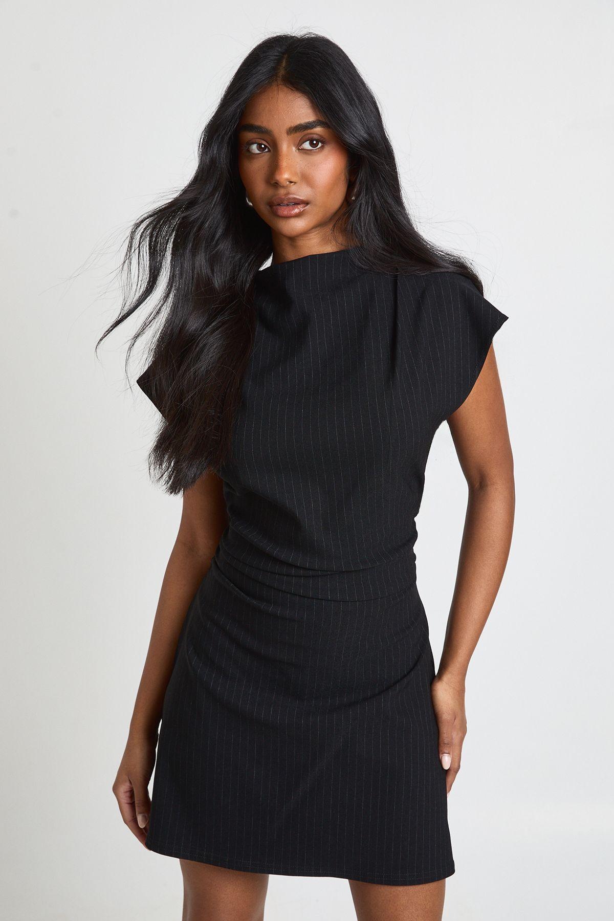 Pinstripe Ruched High Neck Cap Sleeve Shift Dress by BOOHOO
