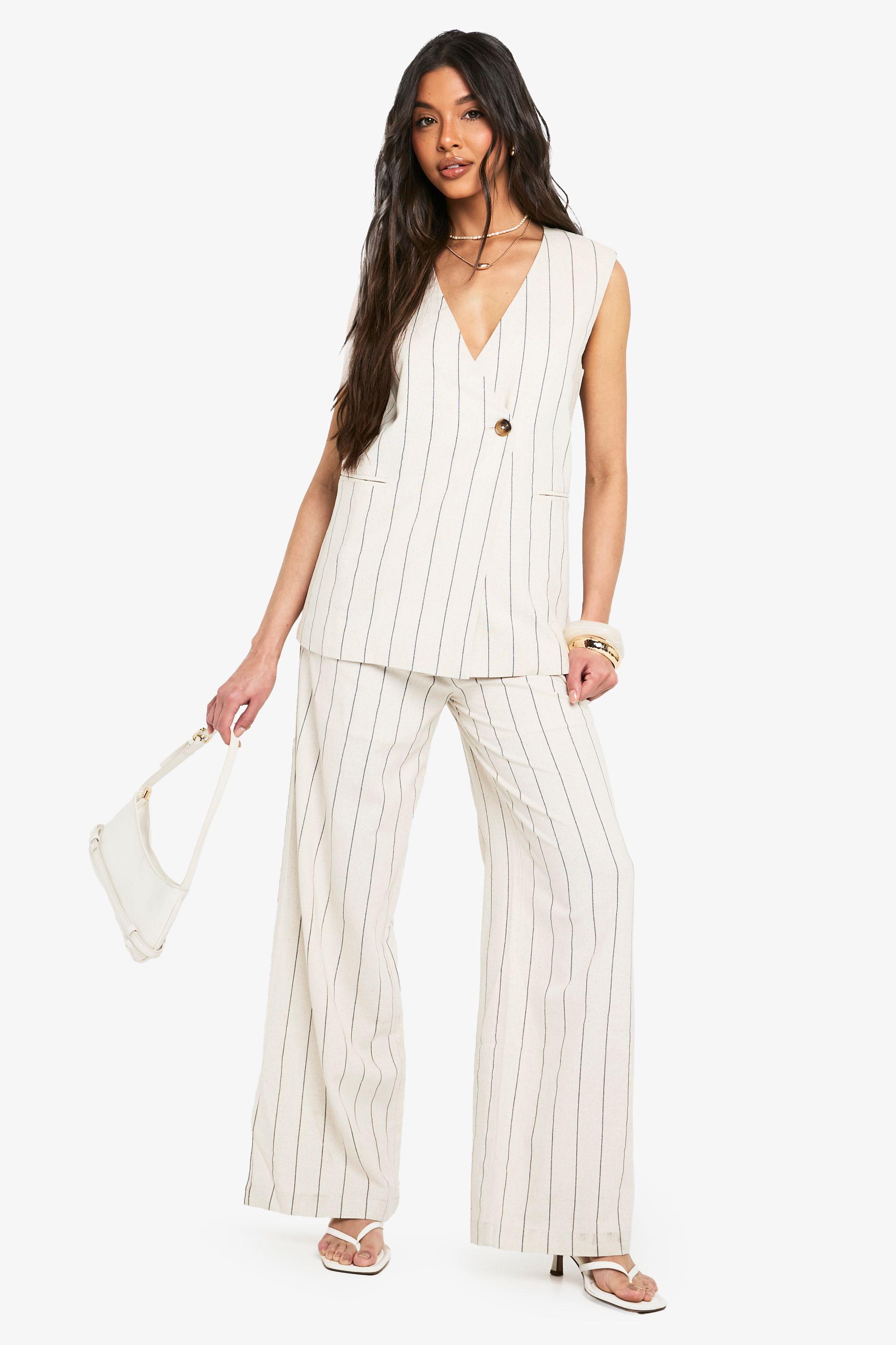 Pinstripe Tailored Linen Look Wide Leg Trouser by BOOHOO