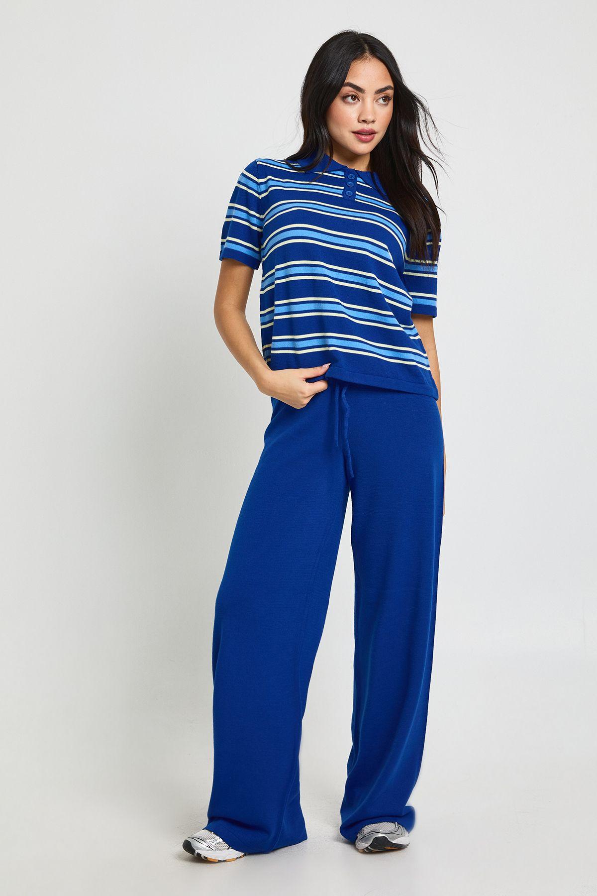 Placket Collar Short Sleeve Stripe Knitted Top And Trouser by BOOHOO