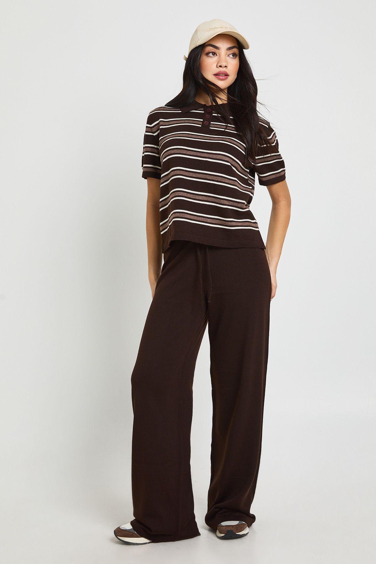 Placket Collar Short Sleeve Stripe Knitted Top And Trouser by BOOHOO