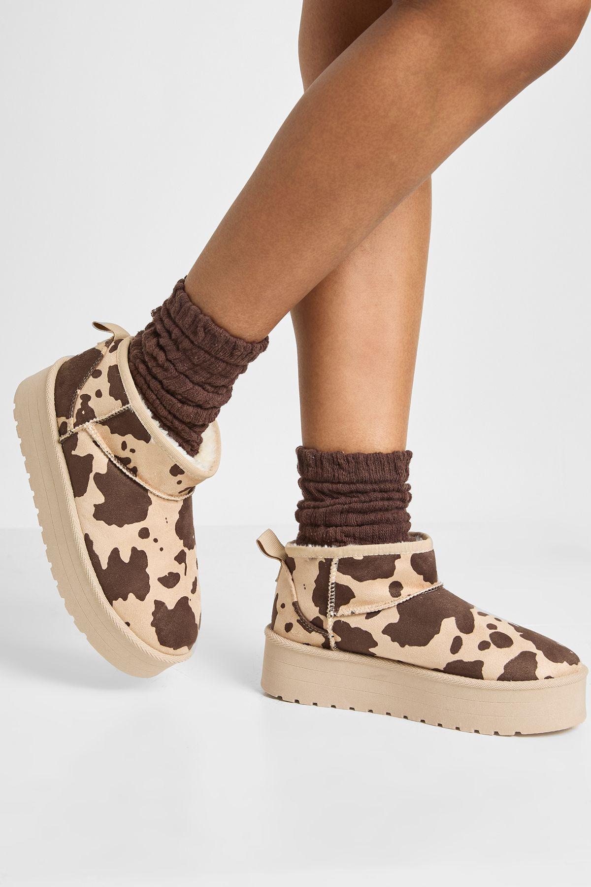 Platform Cow Print Cosy Boots by BOOHOO