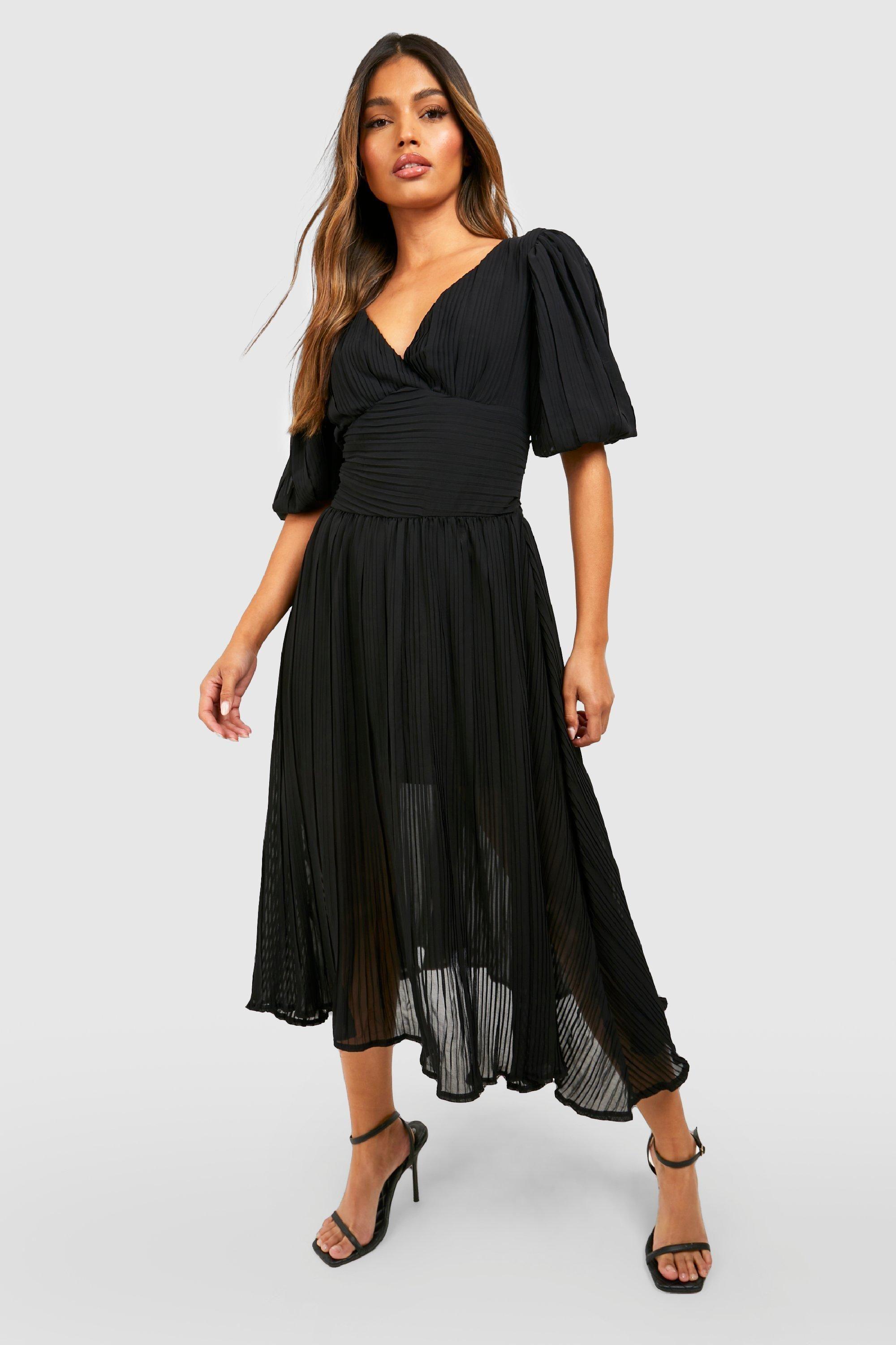 Pleated Puff Sleeve Low Back Midi Dress by BOOHOO