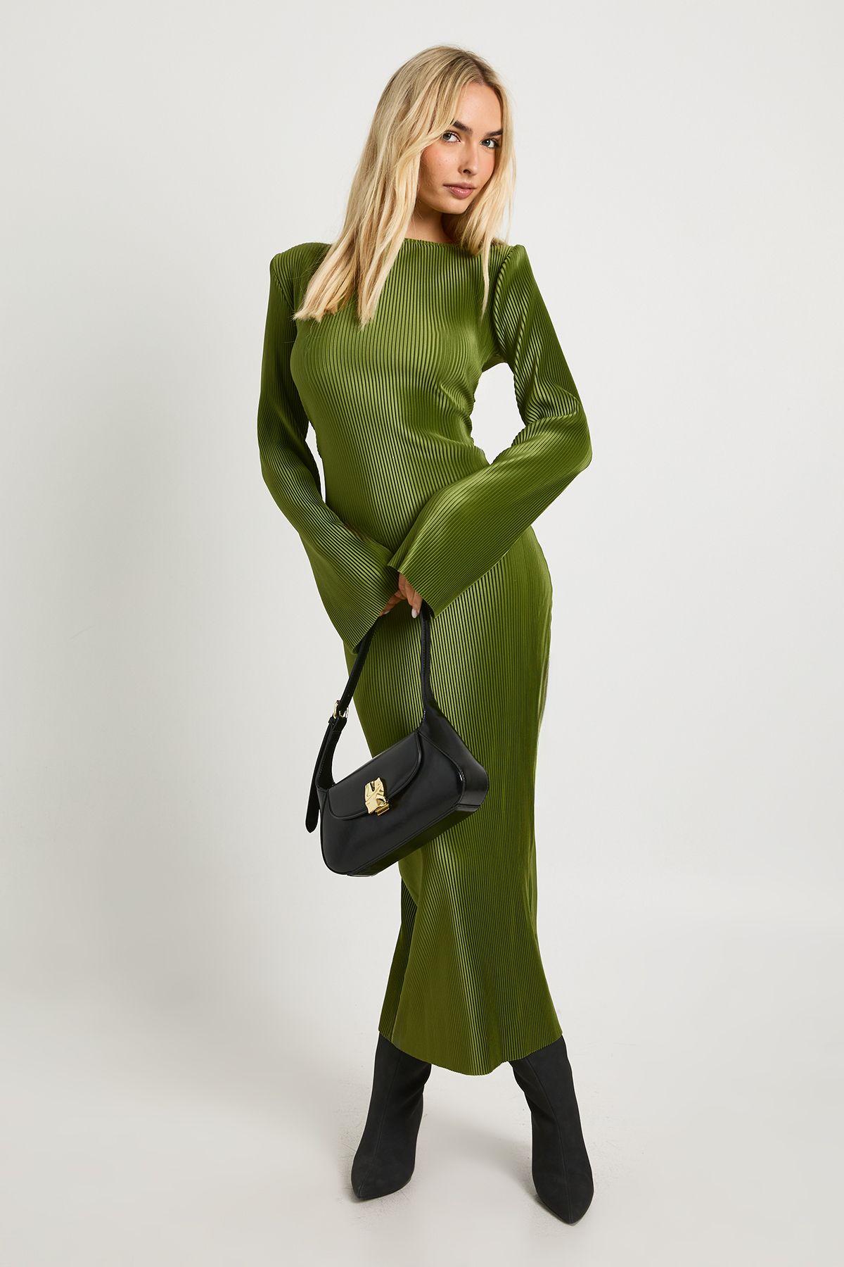 Plisse Flare Sleeve Midaxi Dress by BOOHOO