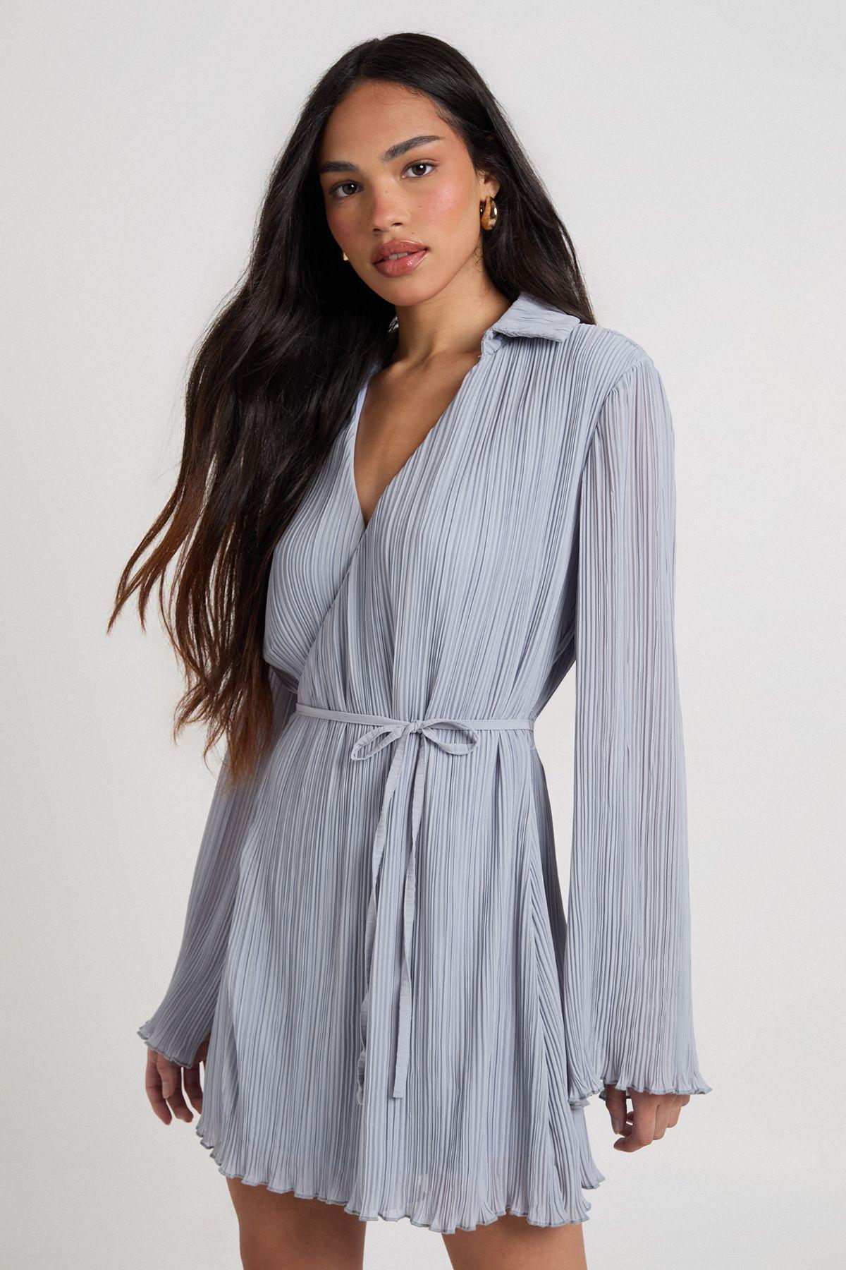 Plisse Wrap Front Shirt Dress by BOOHOO