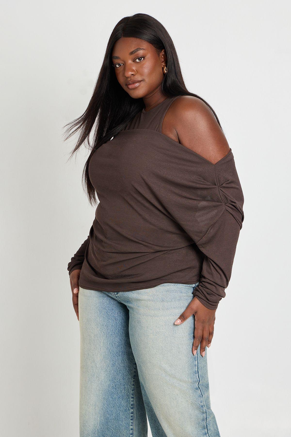 Plus 2-1 Layered Asymmetric Long Sleeve Top by BOOHOO