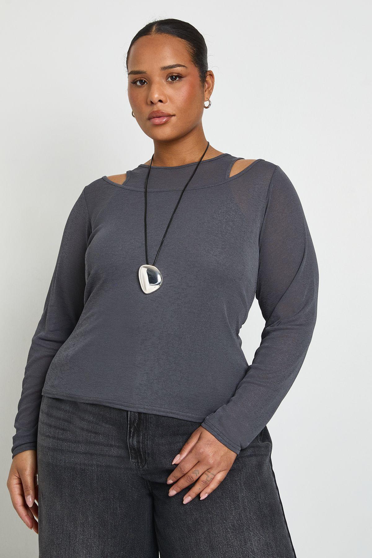 Plus 2 in 1 Layered Racer Neck Long Sleeve Top by BOOHOO