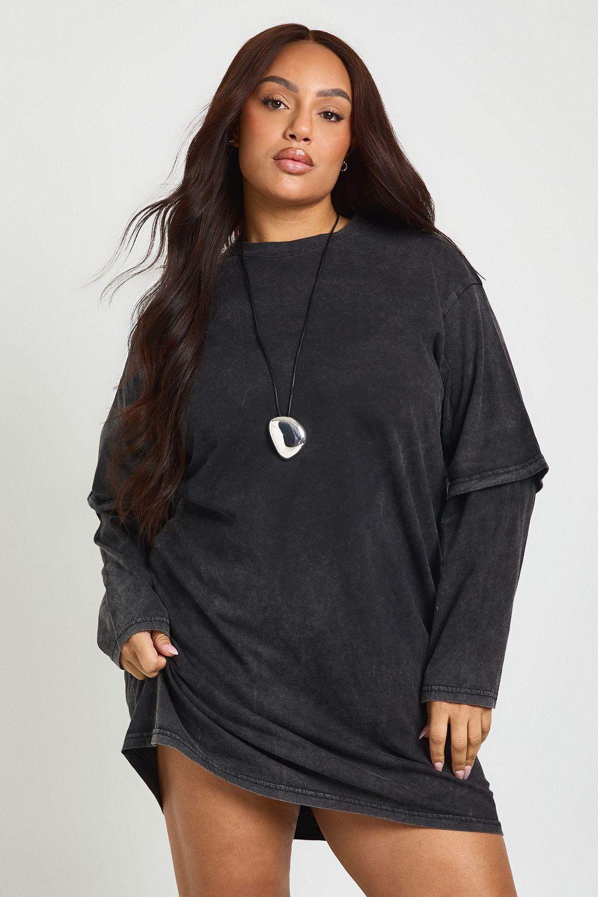 Plus Acid Wash 2-1 Layered T-Shirt Dress by BOOHOO