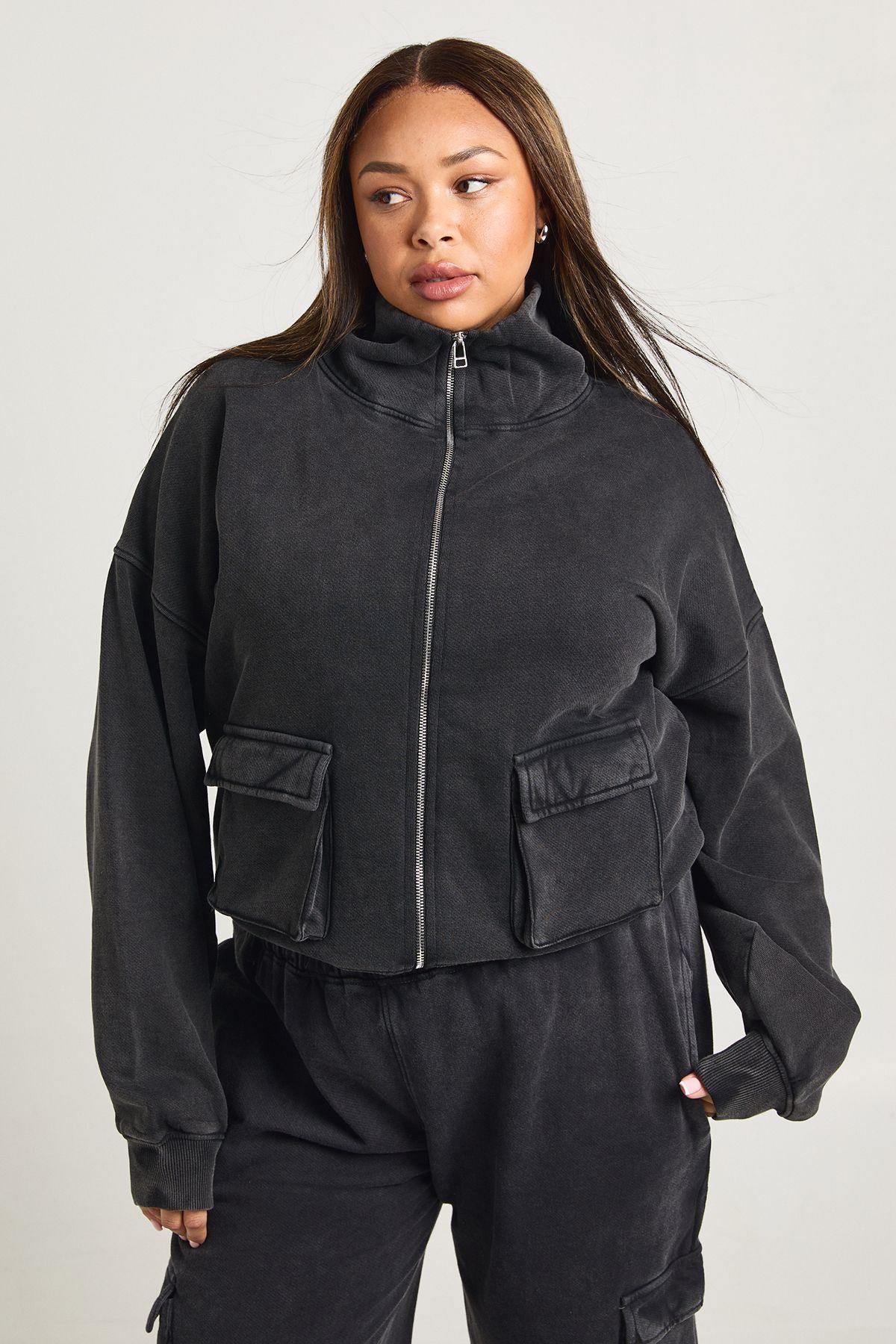 Plus Acid Washed Funnel Neck Jacket by BOOHOO