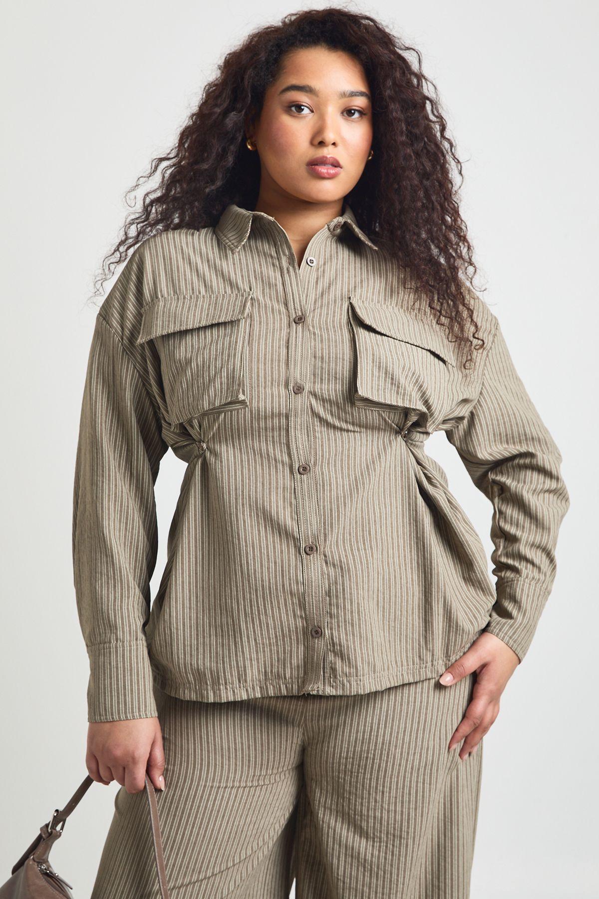 Plus Adjustable Cinch Waist Stripe Shirt by BOOHOO