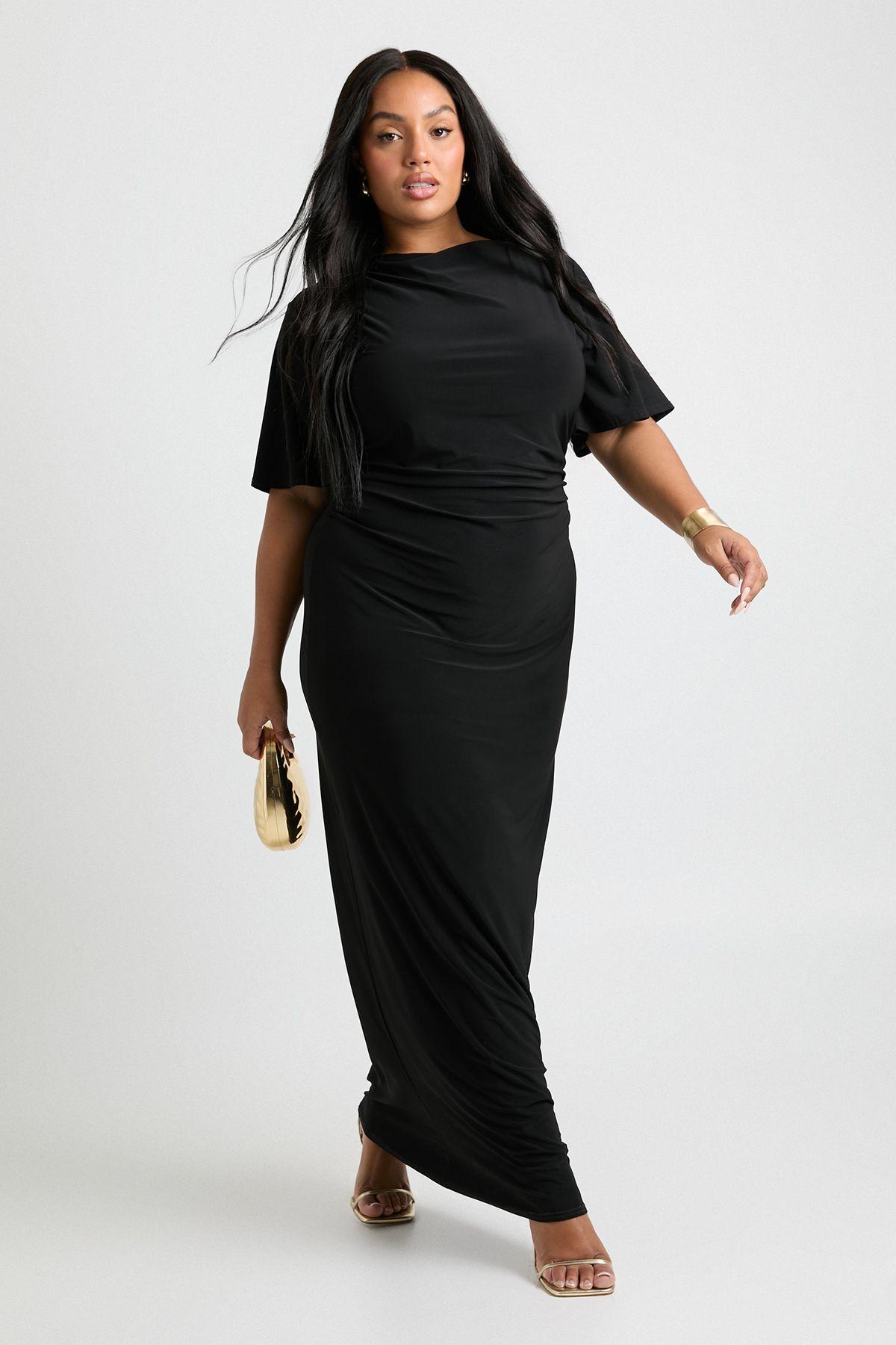 Plus Angel Sleeve Gathered Side Column Maxi Dress by BOOHOO
