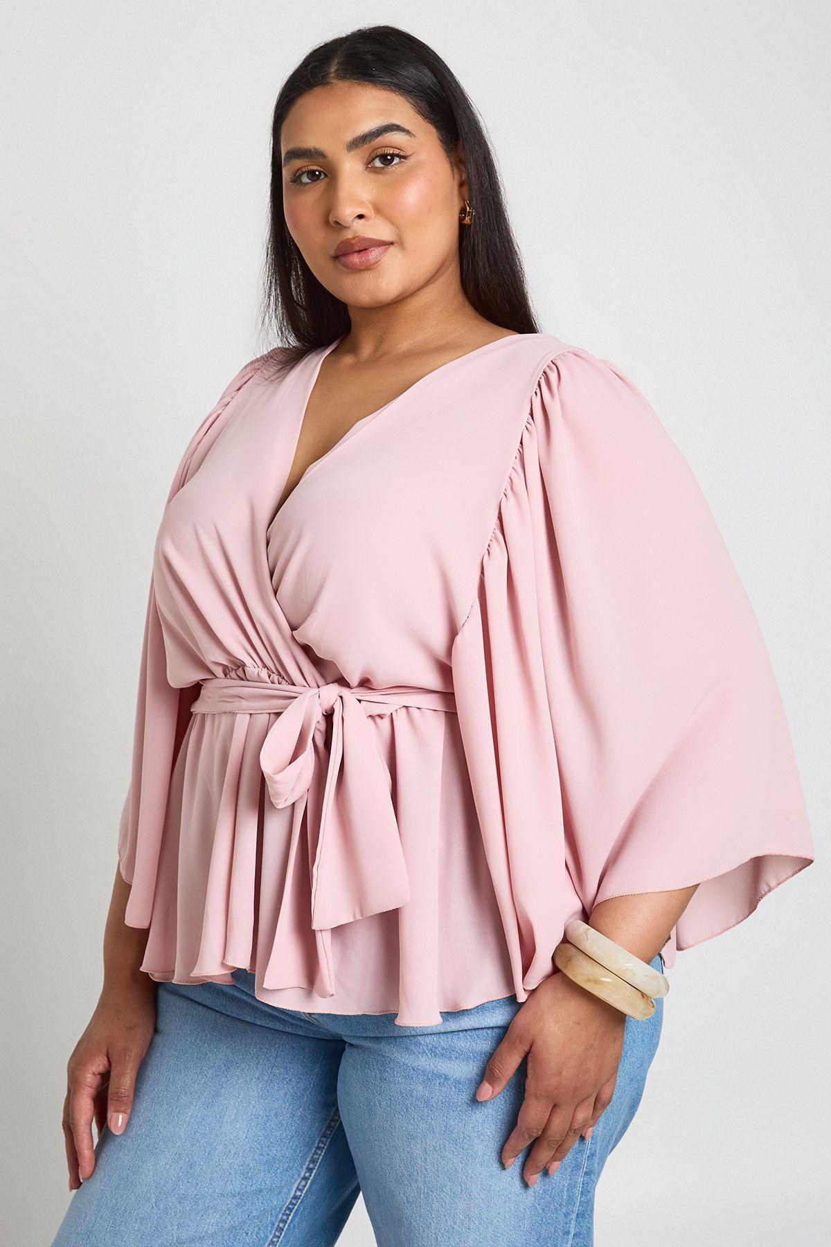 Plus Angel Sleeve Wrap Peplum Blouse by BOOHOO
