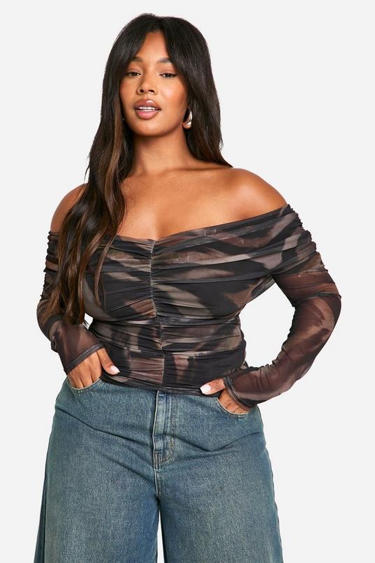 Plus Animal Ruched Front Bardot Long Sleeve Top by BOOHOO
