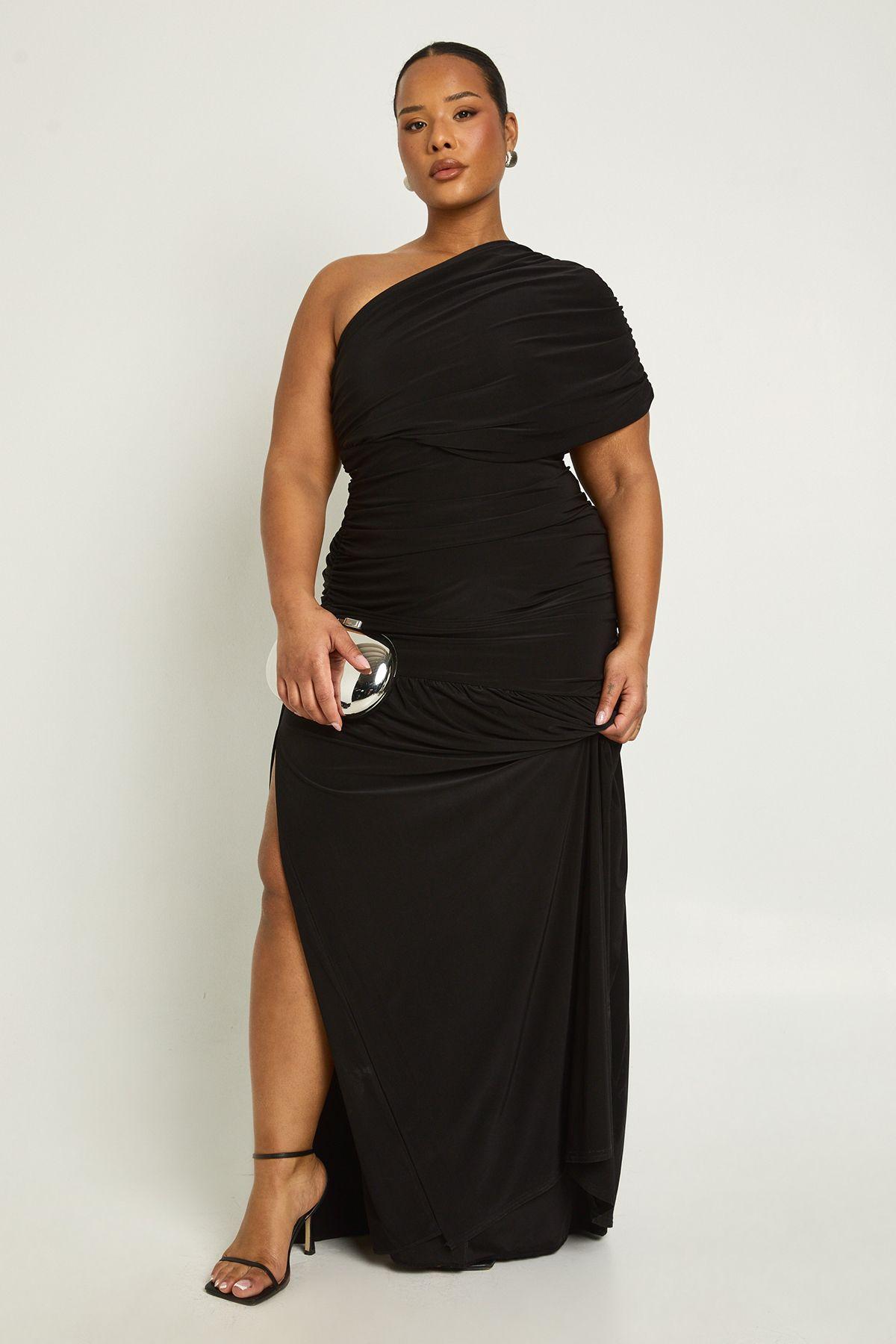 Plus Asymmetric Bardot Ruched Maxi Dress by BOOHOO