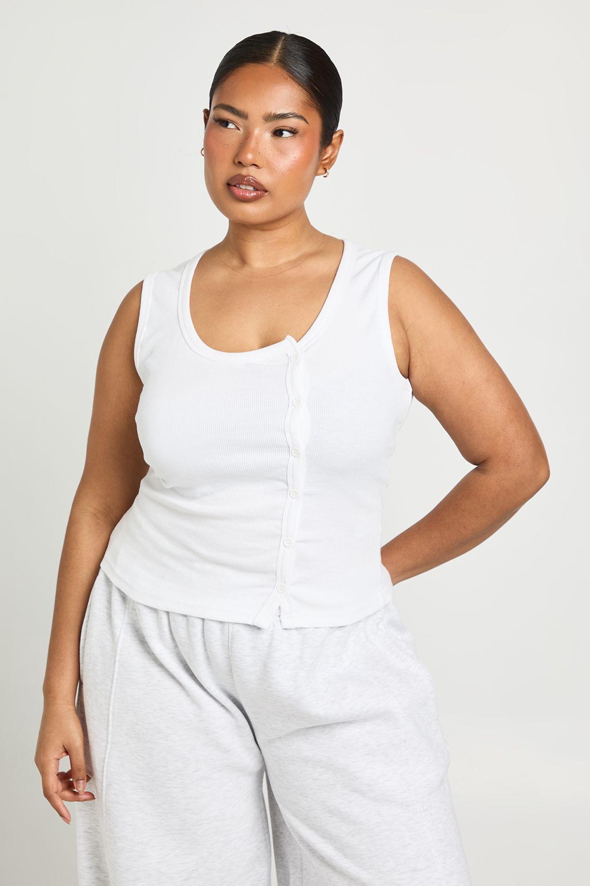 Plus Asymmetric Button Detail Rib Vest Top by BOOHOO