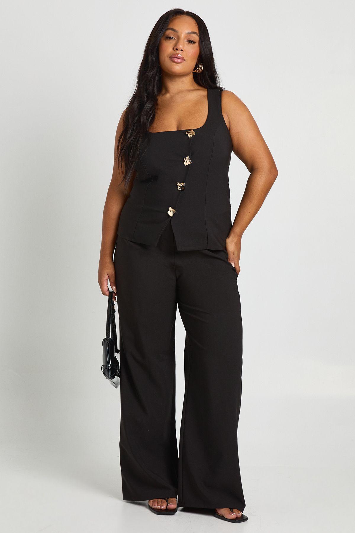 Plus Asymmetric Gold Trim Detail Waistcoat And Wide Leg Tailored Trouser Co Ord by BOOHOO