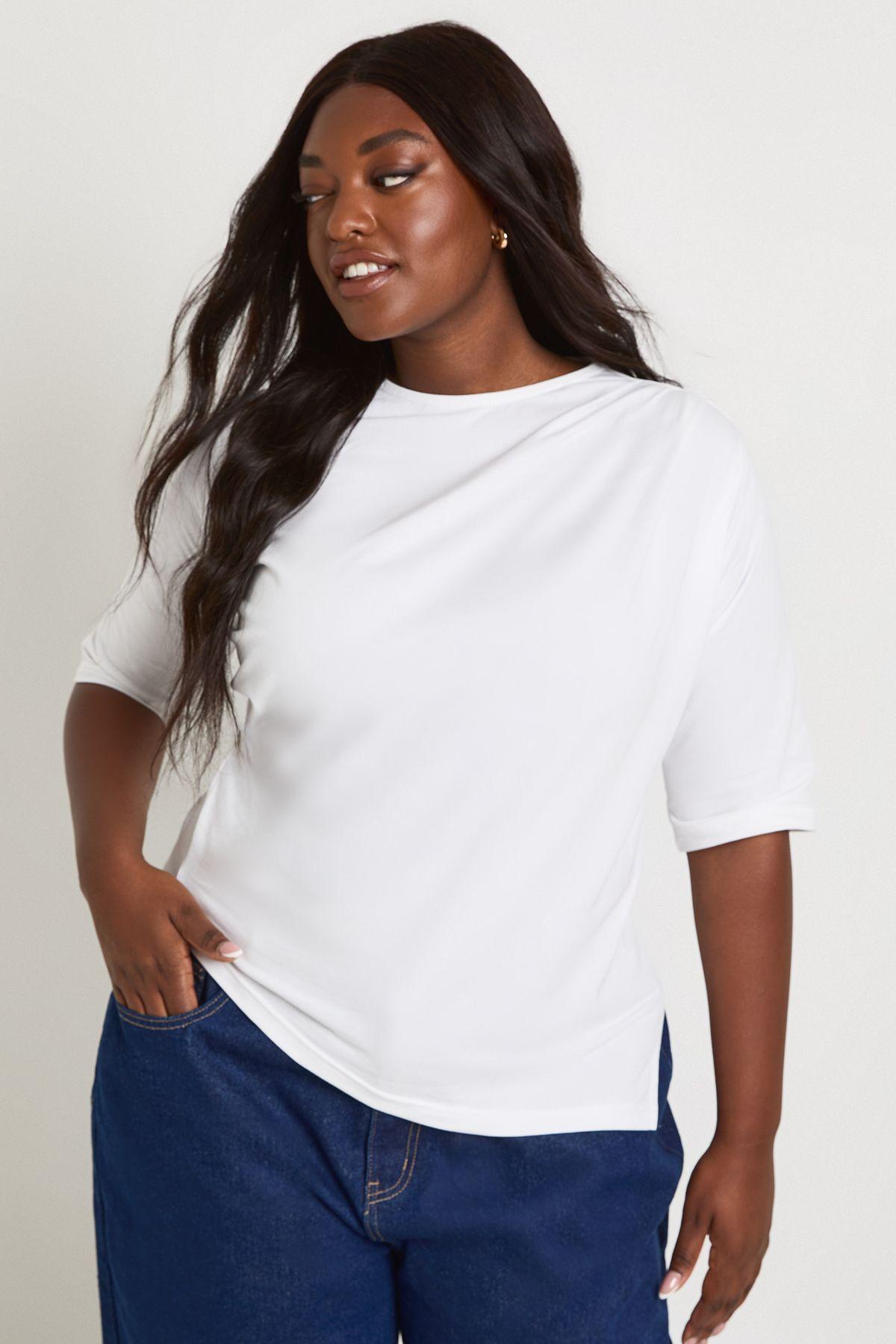 Plus Asymmetric Hem Cinched Waist 3/4 Sleeve T-shirt by BOOHOO